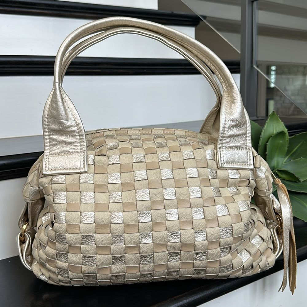 Woven Metallic Leather Shoulder Bag - Neutral Gold